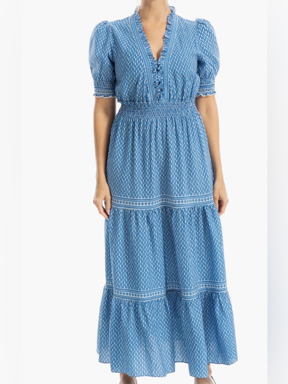 Max Studio Floral Tiered Maxi Dress | Blue & White Smocked Waist Boho Dress
